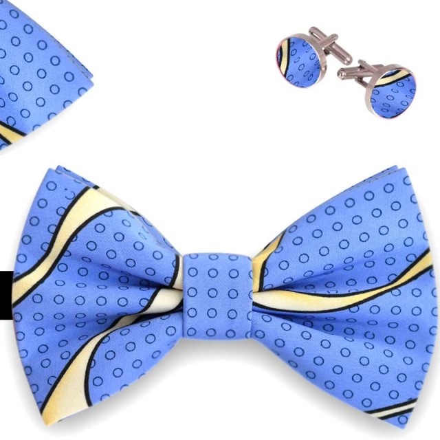 Set papion barbati, batista, butoni albastru ciel, Imprimeu grafisme